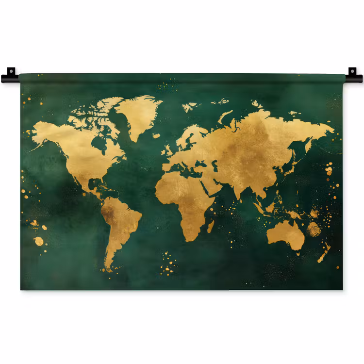 Wereldkaart - Groen - Goud Wandkleed katoen klein -zz3d