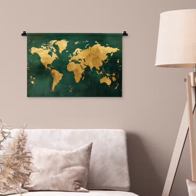 Wereldkaart - Groen - Goud Wandkleed katoen klein -sfeer4