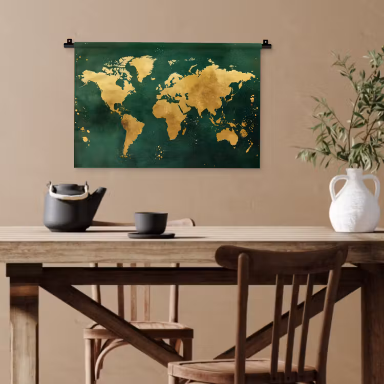 Wereldkaart - Groen - Goud Wandkleed katoen klein -sfeer6