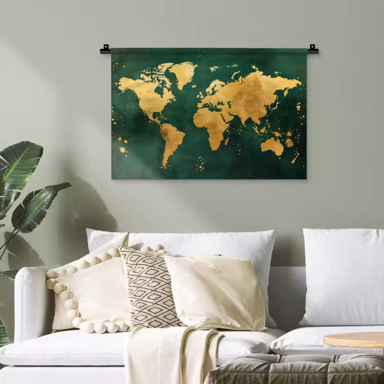 Wereldkaart - Groen - Goud Wandkleed katoen klein -sfeer7