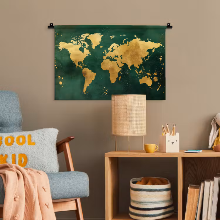 Wereldkaart - Groen - Goud Wandkleed katoen klein -wsfeer4_kind