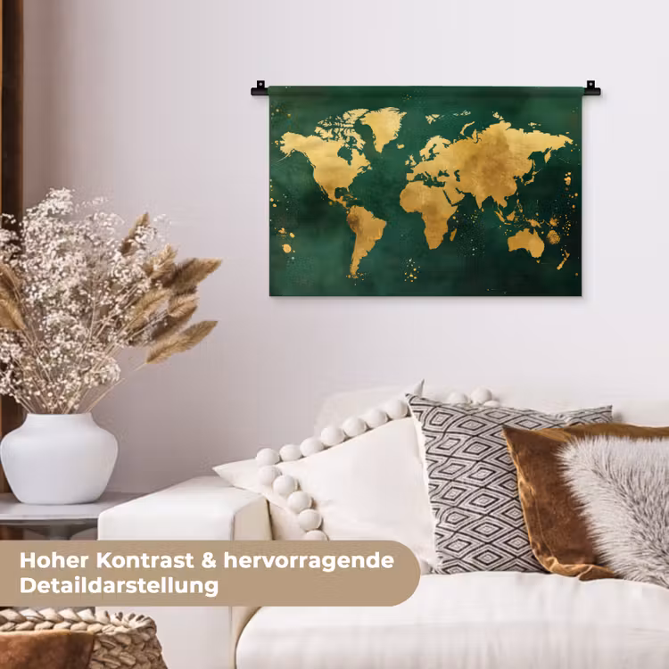 Wereldkaart - Groen - Goud Wandkleed katoen klein -tsfeer1_DE