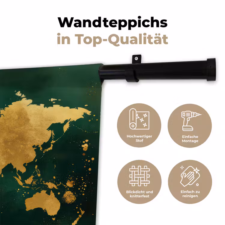 Wereldkaart - Groen - Goud Wandkleed katoen klein -tsfeer2_DE