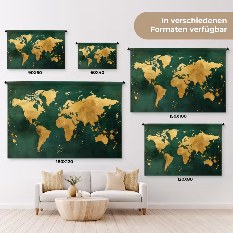 Wereldkaart - Groen - Goud Wandkleed katoen klein -tsfeer8_DE