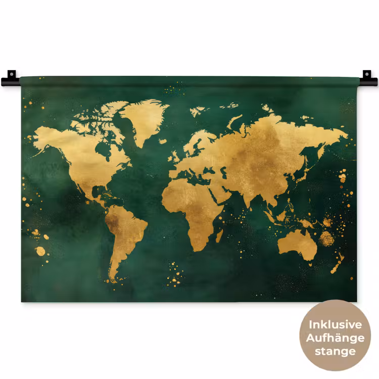 Wereldkaart - Groen - Goud Wandkleed katoen klein -t3d_DE
