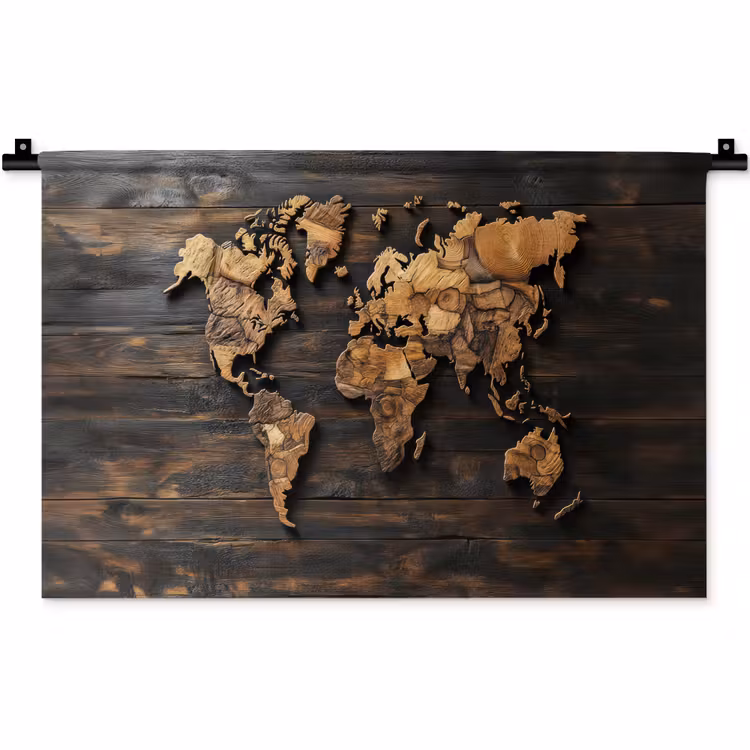 Wereldkaart -  Hout - Mozaïek Wandkleed katoen klein -zz3d