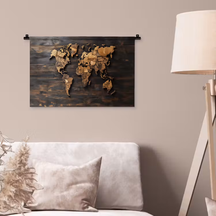 Wereldkaart -  Hout - Mozaïek Wandkleed katoen klein -sfeer4