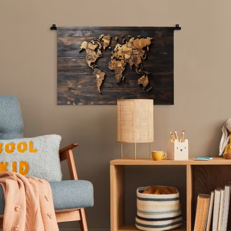 Wereldkaart -  Hout - Mozaïek Wandkleed katoen klein -wsfeer4_kind