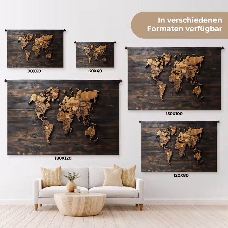 Wereldkaart -  Hout - Mozaïek Wandkleed katoen klein -tsfeer8_DE