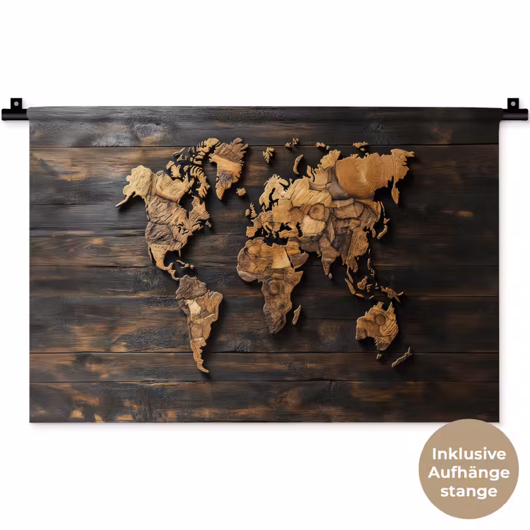 Wereldkaart -  Hout - Mozaïek Wandkleed katoen klein -t3d_DE