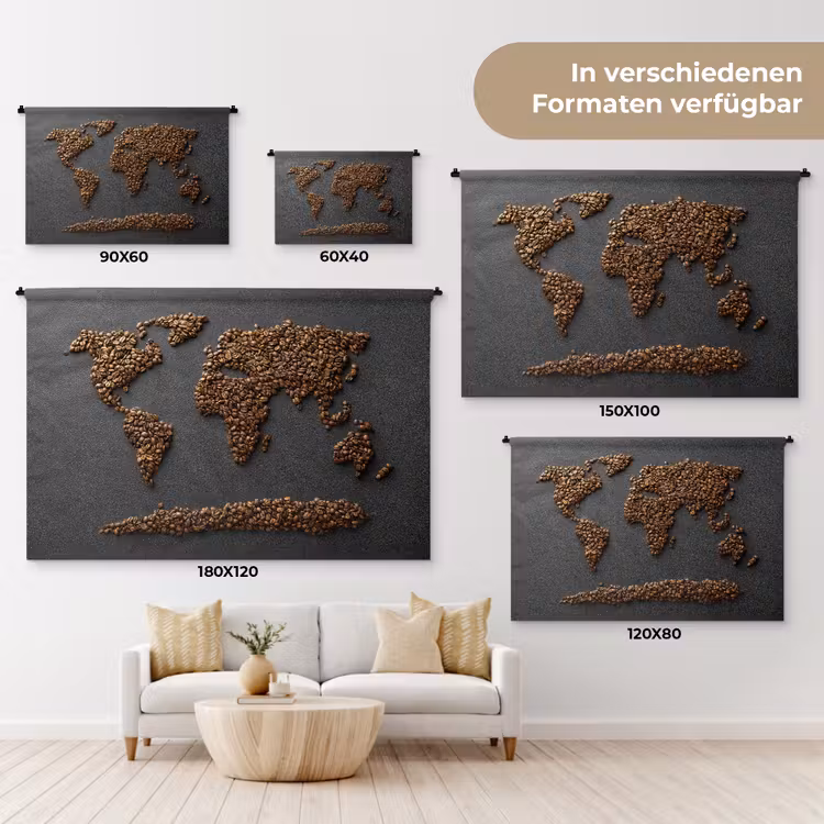 Wereldkaart - Koffie - Grijs Wandkleed katoen klein -tsfeer8_DE