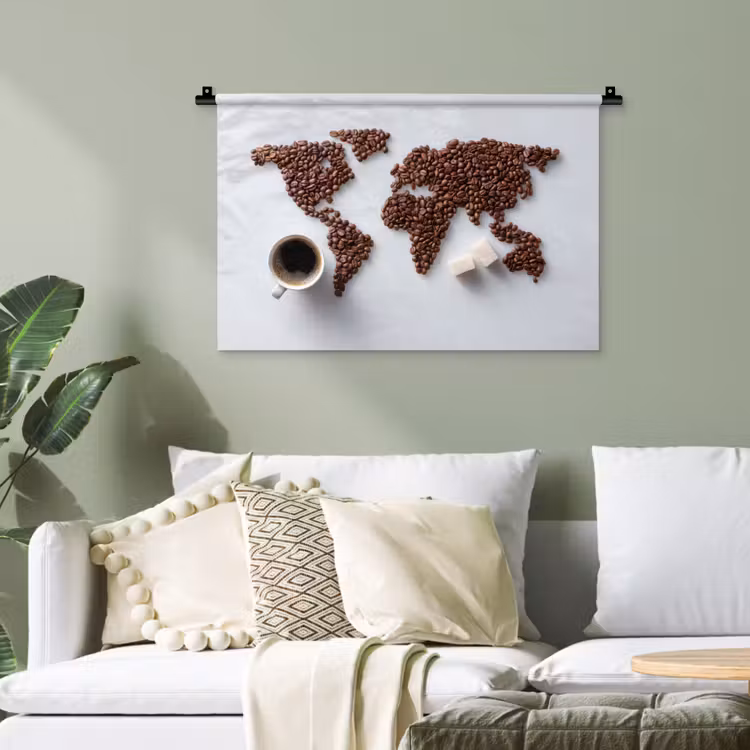 Wereldkaart - Koffiebonen - Suikerklontjes Wandkleed katoen klein -sfeer7