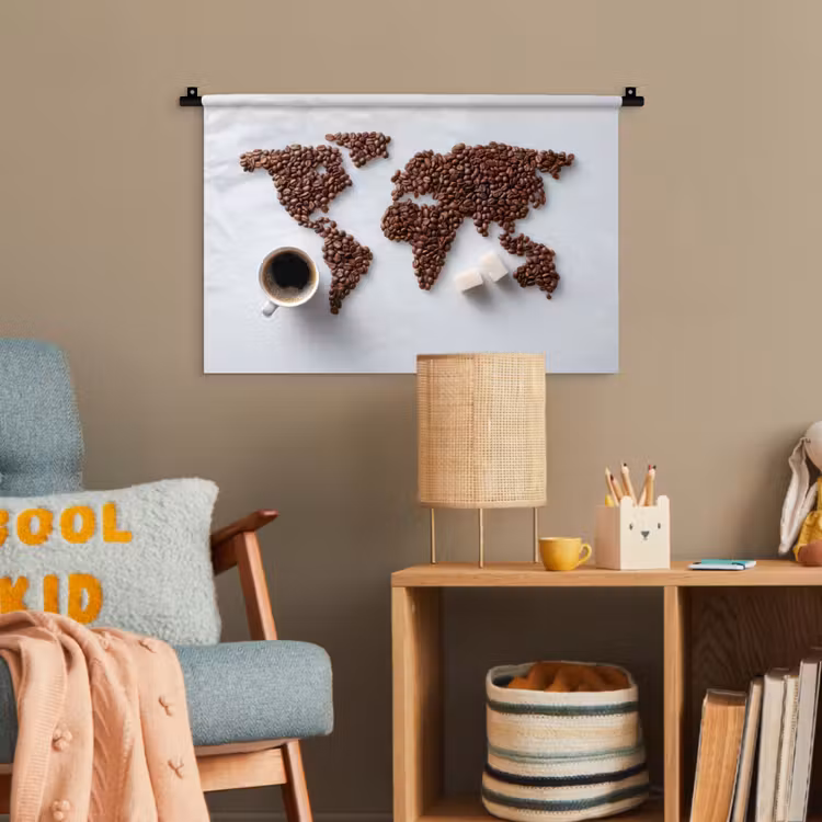 Wereldkaart - Koffiebonen - Suikerklontjes Wandkleed katoen klein -wsfeer4_kind