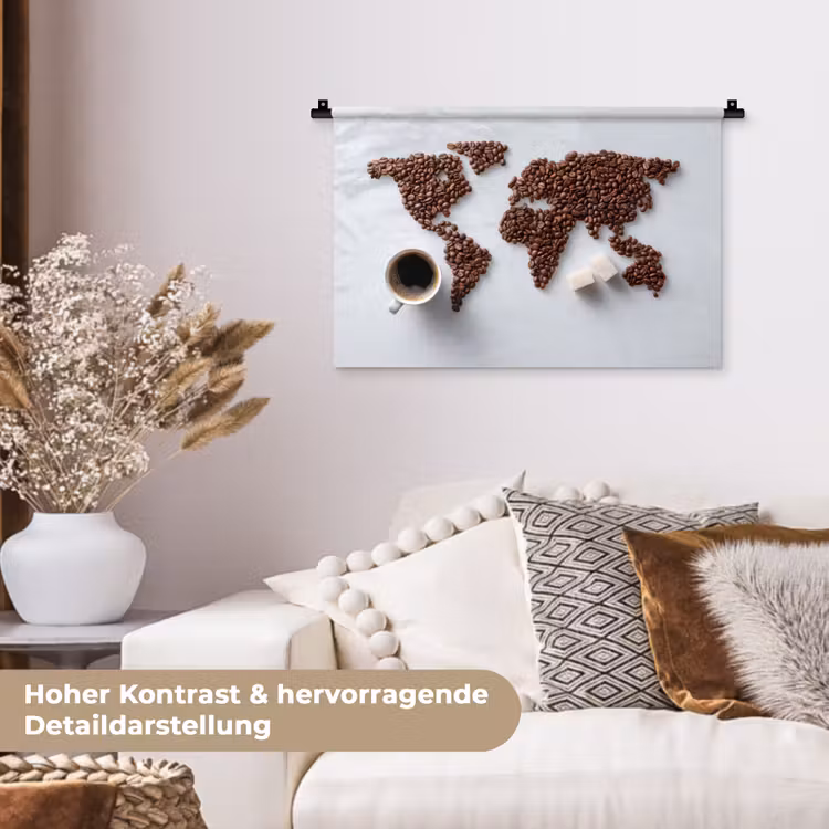 Wereldkaart - Koffiebonen - Suikerklontjes Wandkleed katoen klein -tsfeer1_DE