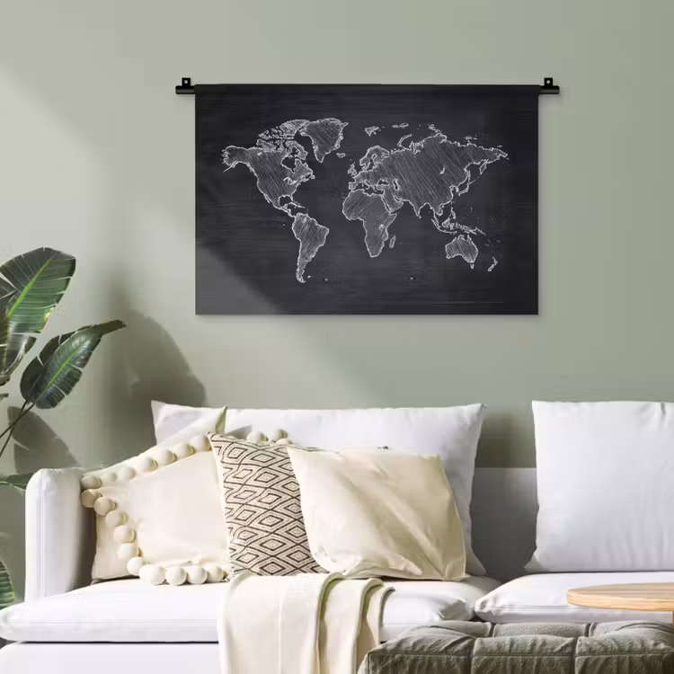 Wereldkaart - Krijt - Zwart - minimalistisch Wandkleed katoen klein -sfeer7