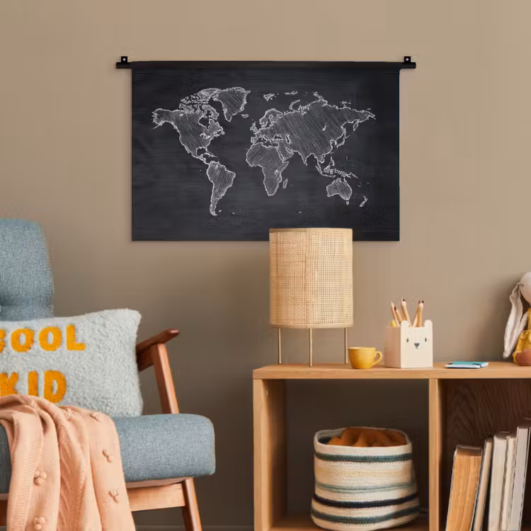 Wereldkaart - Krijt - Zwart - minimalistisch Wandkleed katoen klein -wsfeer4_kind
