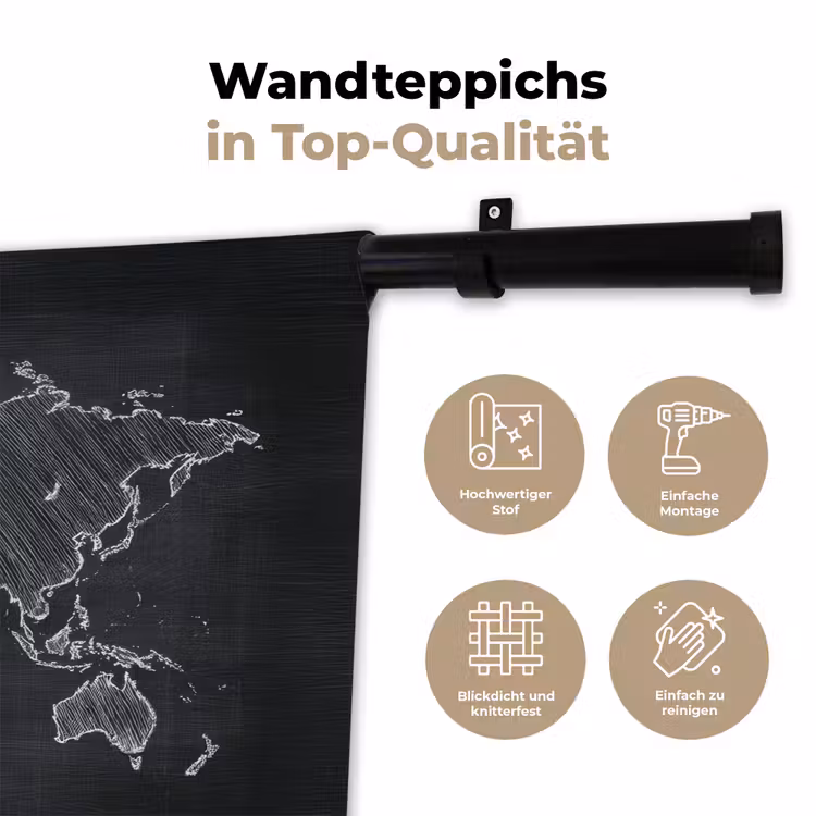 Wereldkaart - Krijt - Zwart - minimalistisch Wandkleed katoen klein -tsfeer2_DE