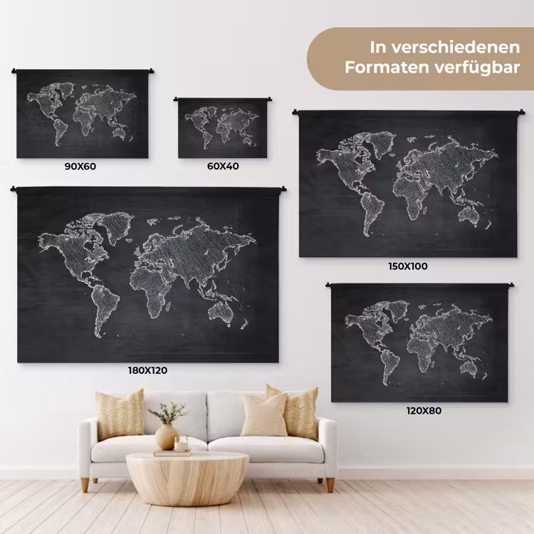 Wereldkaart - Krijt - Zwart - minimalistisch Wandkleed katoen klein -tsfeer8_DE