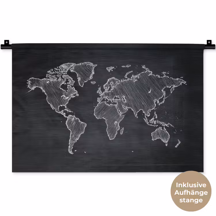 Wereldkaart - Krijt - Zwart - minimalistisch Wandkleed katoen klein -t3d_DE