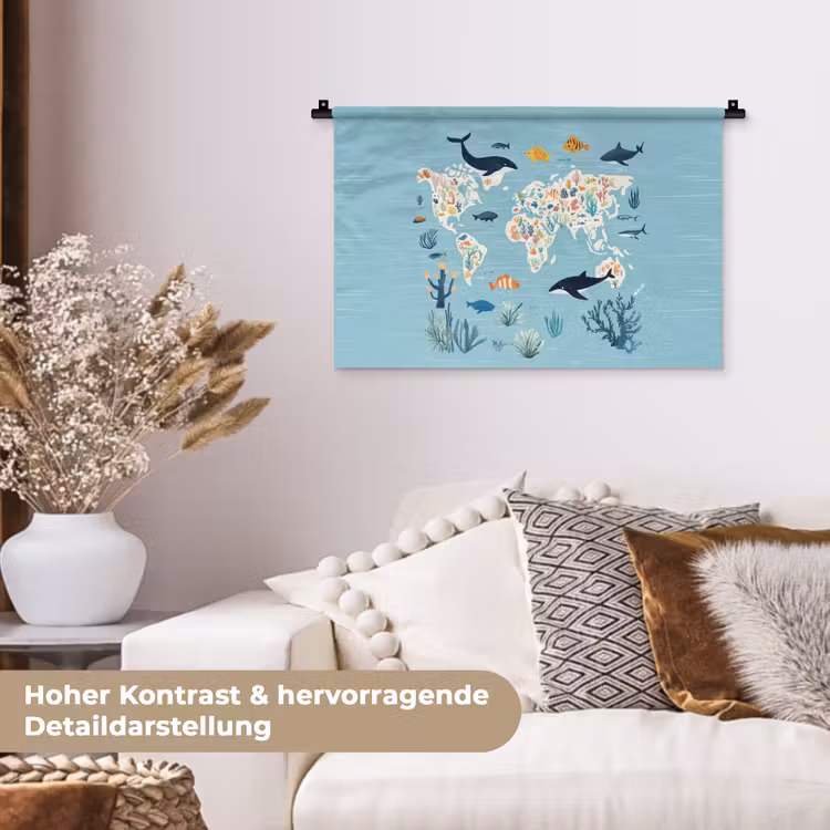 Wereldkaart - Zeeleven - Blauw Wandkleed katoen klein -tsfeer1_DE