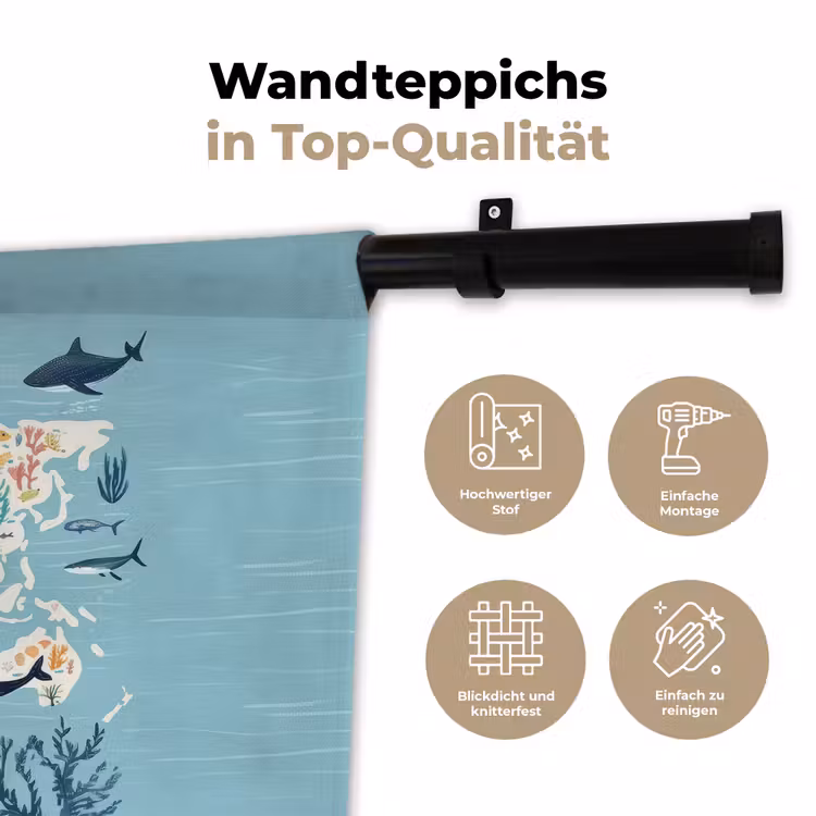 Wereldkaart - Zeeleven - Blauw Wandkleed katoen klein -tsfeer2_DE