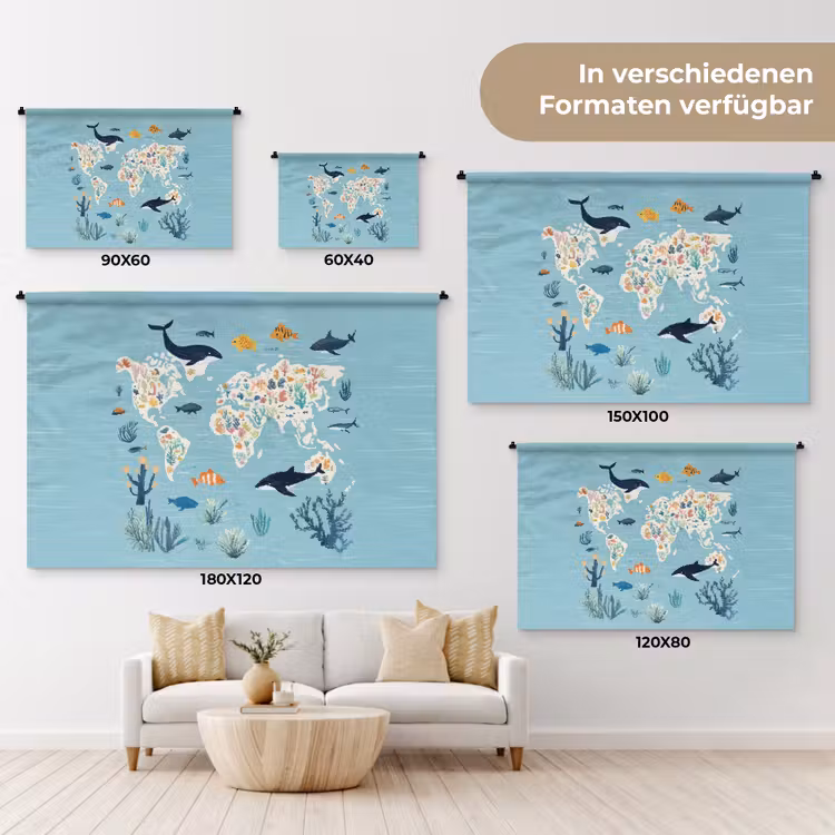Wereldkaart - Zeeleven - Blauw Wandkleed katoen klein -tsfeer8_DE
