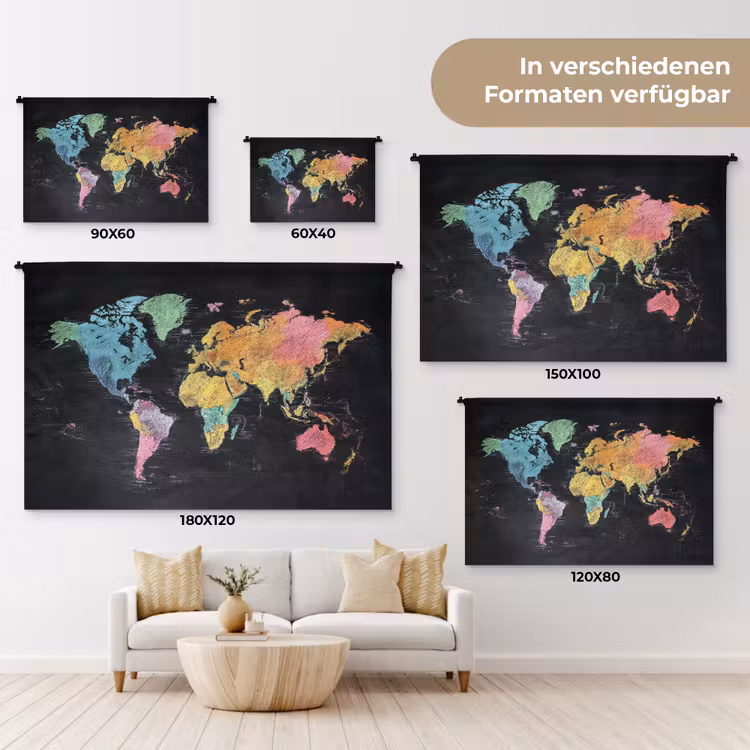 Wereldkaart - Krijtstrepen - Regenboog Wandkleed katoen klein -tsfeer8_DE