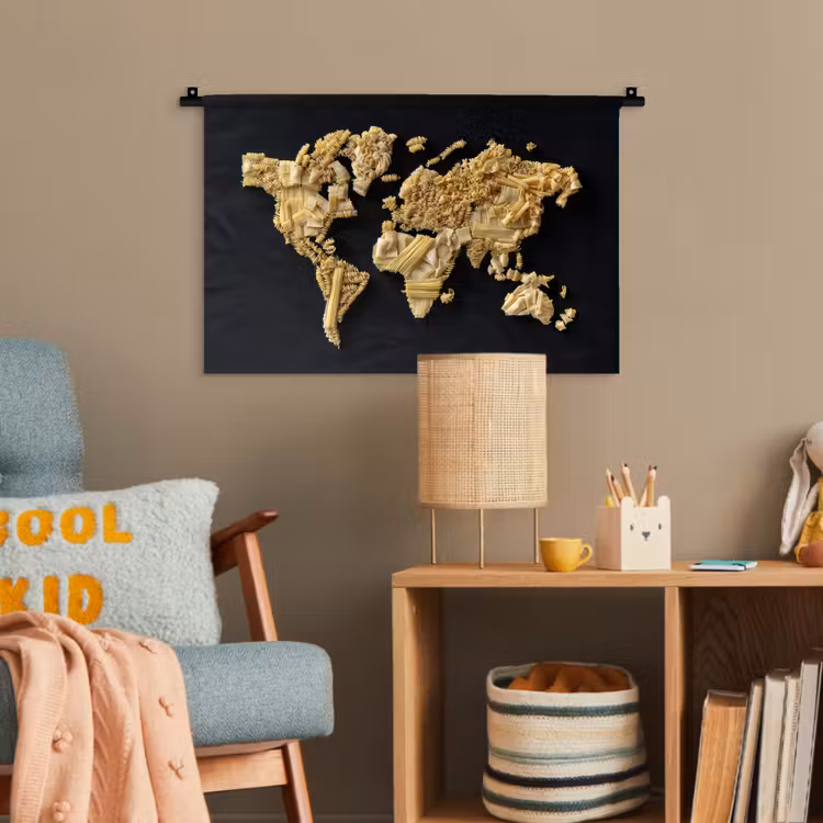 Wereldkaart - Pasta - Zwart Wandkleed katoen klein -wsfeer4_kind