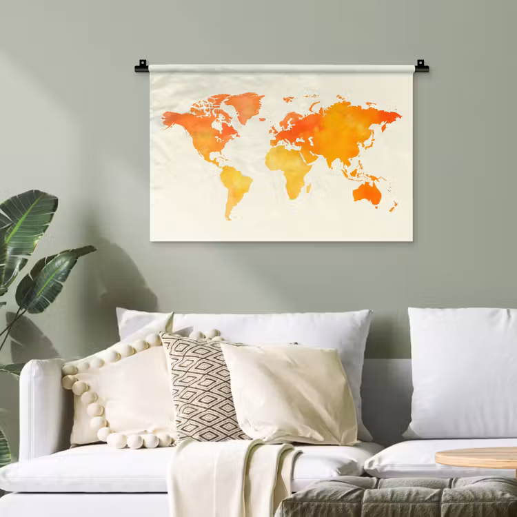 Wereldkaart - Oranje - Kleurrijk Wandkleed katoen klein -sfeer7