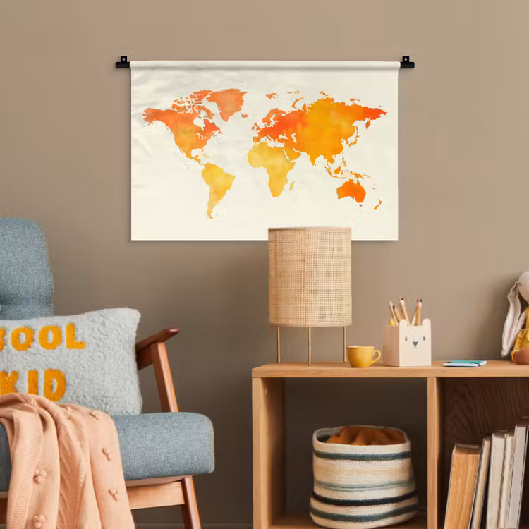 Wereldkaart - Oranje - Kleurrijk Wandkleed katoen klein -wsfeer4_kind