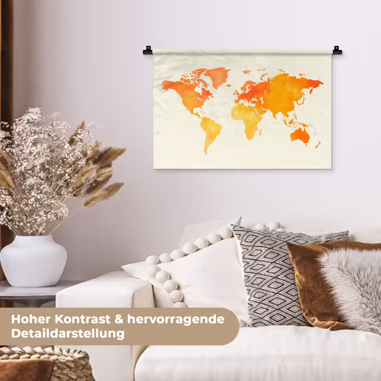 Wereldkaart - Oranje - Kleurrijk Wandkleed katoen klein -tsfeer1_DE