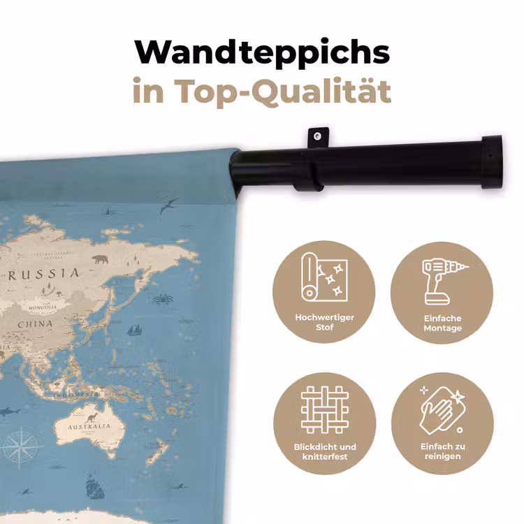 Wereldkaart - Oceaan - Realistisch - Blauw Wandkleed katoen klein -tsfeer2_DE