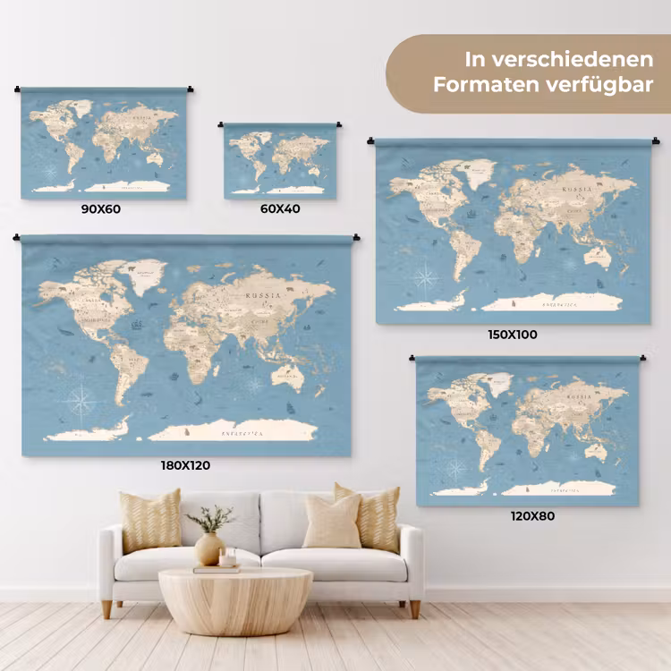 Wereldkaart - Oceaan - Realistisch - Blauw Wandkleed katoen klein -tsfeer8_DE