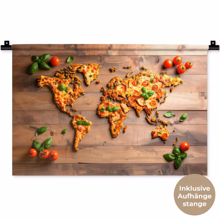 Wereldkaart - Pizza - Houten ondergrond Wandkleed katoen klein -t3d_DE