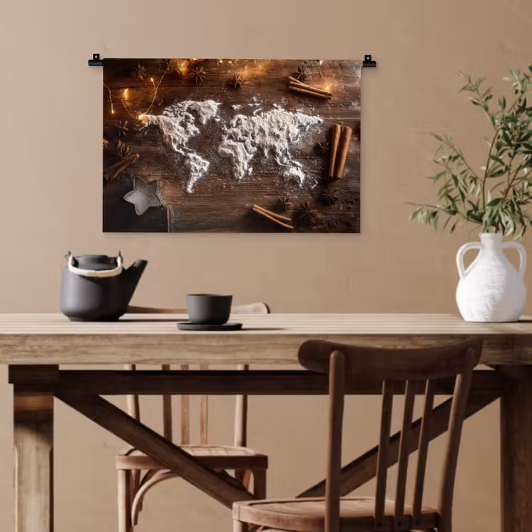 Wereldkaart - Poedersuiker - Hout Wandkleed katoen klein -sfeer6
