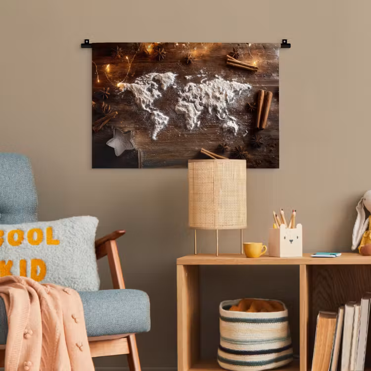 Wereldkaart - Poedersuiker - Hout Wandkleed katoen klein -wsfeer4_kind