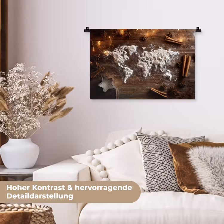 Wereldkaart - Poedersuiker - Hout Wandkleed katoen klein -tsfeer1_DE