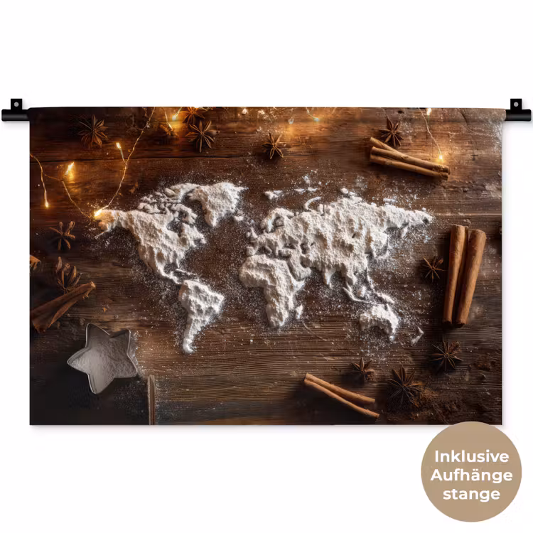 Wereldkaart - Poedersuiker - Hout Wandkleed katoen klein -t3d_DE