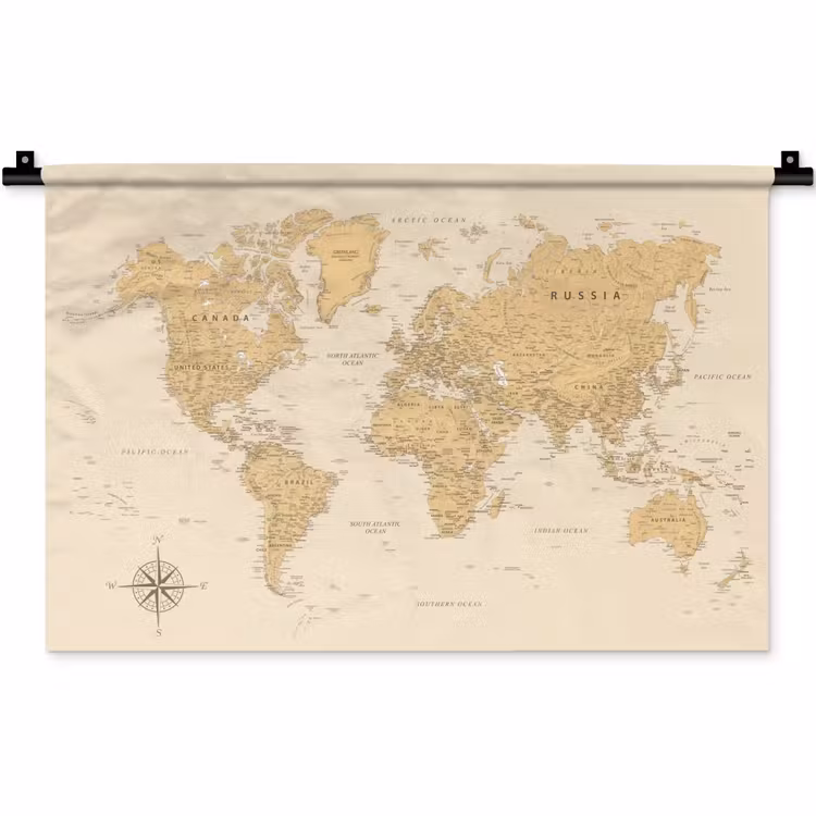 Wereldkaart - Realistisch - Beige Wandkleed katoen klein -zz3d