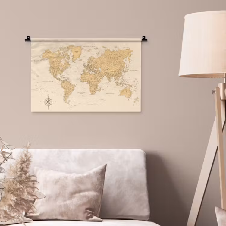 Wereldkaart - Realistisch - Beige Wandkleed katoen klein -sfeer4