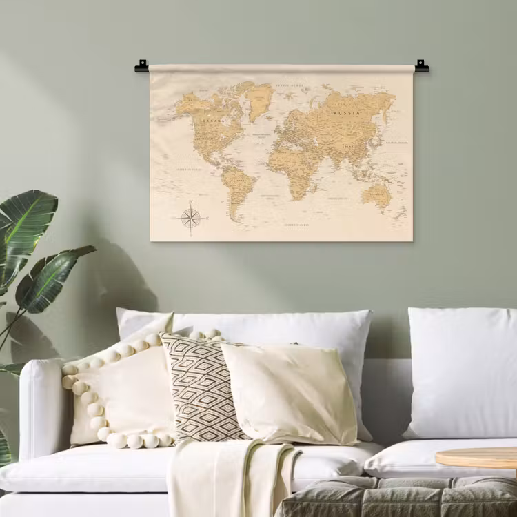 Wereldkaart - Realistisch - Beige Wandkleed katoen klein -sfeer7