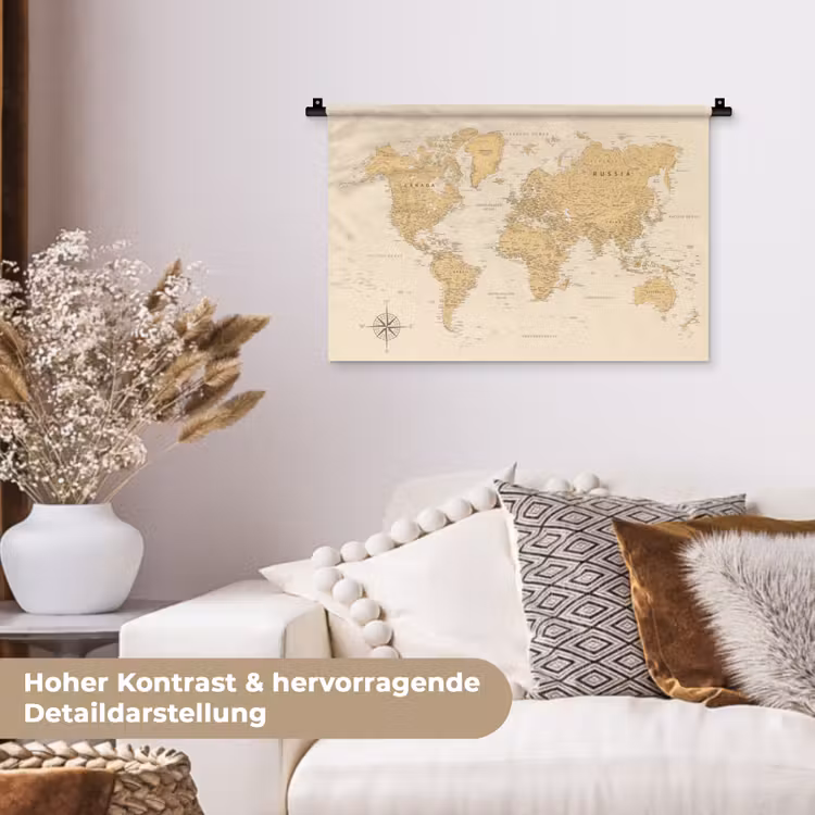 Wereldkaart - Realistisch - Beige Wandkleed katoen klein -tsfeer1_DE