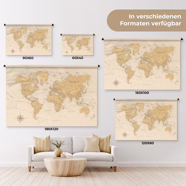 Wereldkaart - Realistisch - Beige Wandkleed katoen klein -tsfeer8_DE