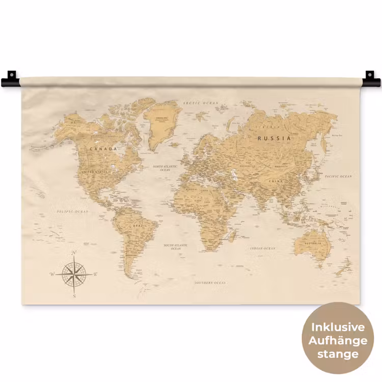 Wereldkaart - Realistisch - Beige Wandkleed katoen klein -t3d_DE