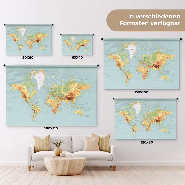 Wereldkaart - Realistisch - Blauw Wandkleed katoen klein -tsfeer8_DE
