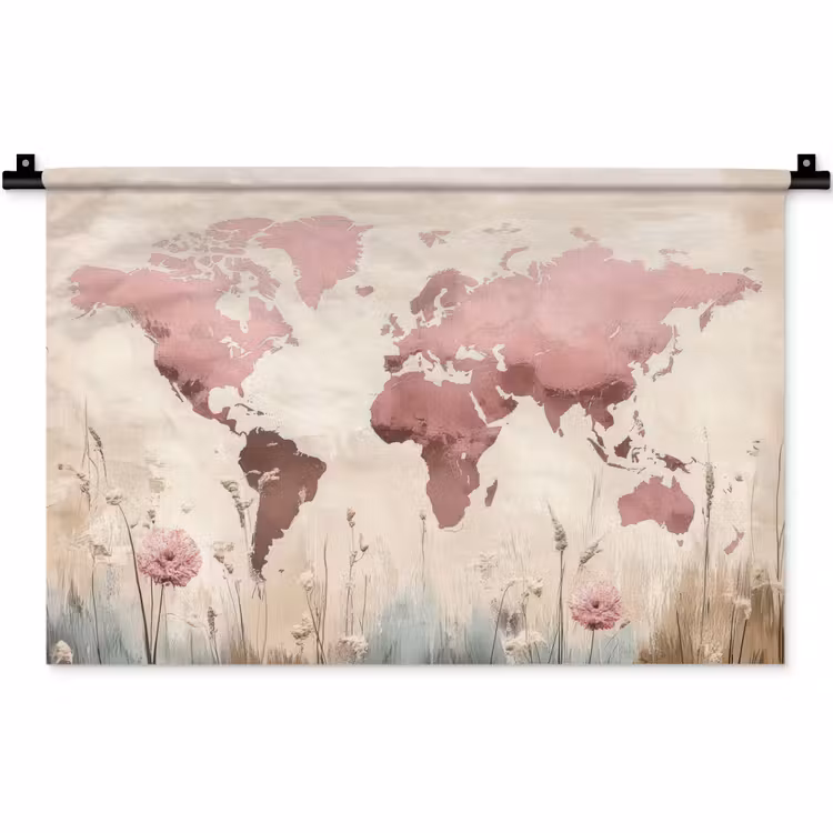 Wereldkaart - Roze - Bloemen Wandkleed katoen klein -zz3d