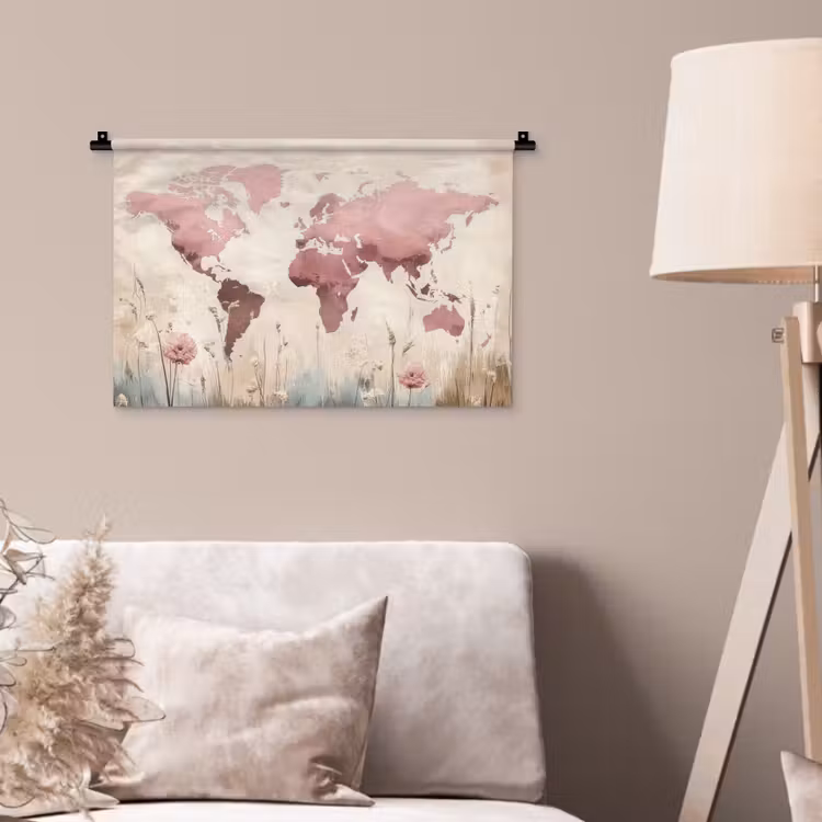 Wereldkaart - Roze - Bloemen Wandkleed katoen klein -sfeer4