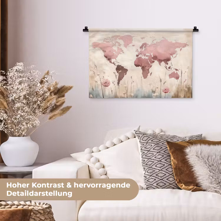 Wereldkaart - Roze - Bloemen Wandkleed katoen klein -tsfeer1_DE
