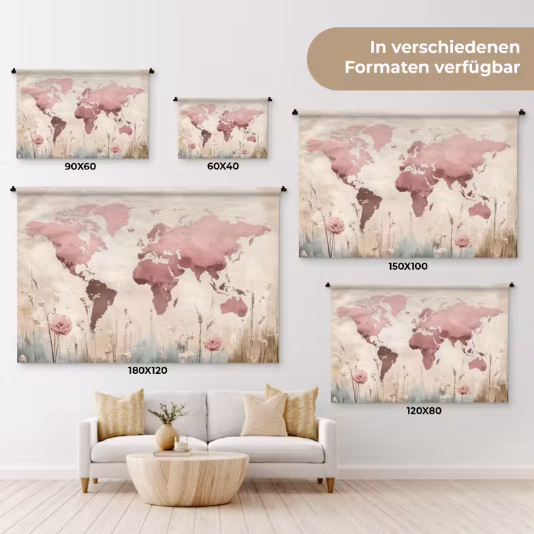 Wereldkaart - Roze - Bloemen Wandkleed katoen klein -tsfeer8_DE
