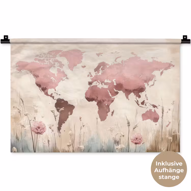 Wereldkaart - Roze - Bloemen Wandkleed katoen klein -t3d_DE